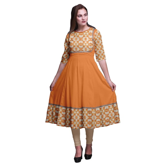 Bimba Orange Tie-Dye Geometric Printed Indian Kurtis For Women Anarkali Kurti Maxi Casual Dress Medium