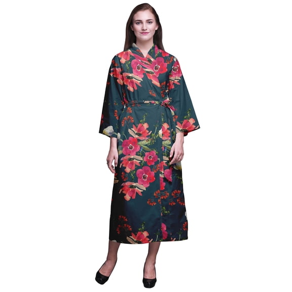 Bimba Oxford Blue Flower Leaves & Poppy Printed Womens Robes Long Soft Kimono Robe Cotton Bride Getting Ready Robe Long XL