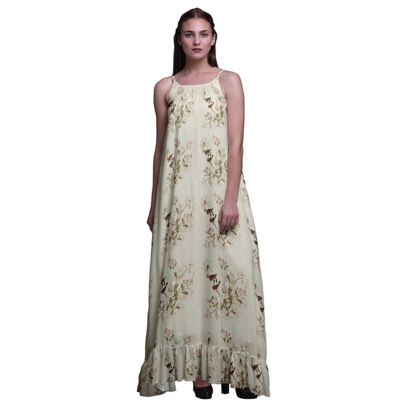 Bimba Pale Pink2 Floral Bird & Magnolia Printed Long Maxi Dress For Women Rayon Nightgown Spaghetti Strap Ladies Sleepwear X-Small