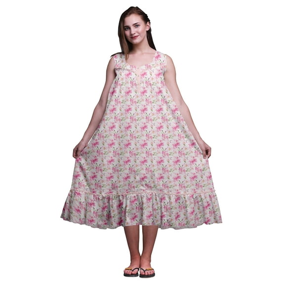 Bimba Pale Pink2 Floral Leaves & Delphinium Sleeveless Night Gown For Womens Cotton Printed Nightwear Ladies Sleepwear X-Small