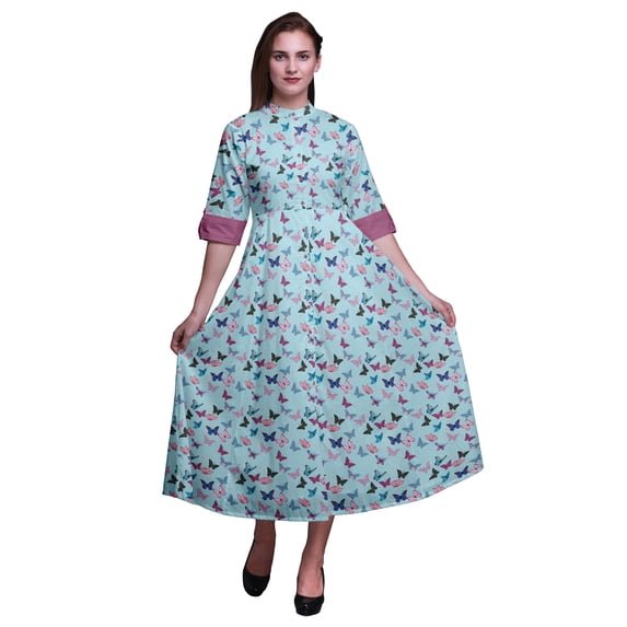Bimba Pastel Mint Anarkali Dress Mandarin Collar Sleeveless Kurtis for Women Print Maxi Dress Medium