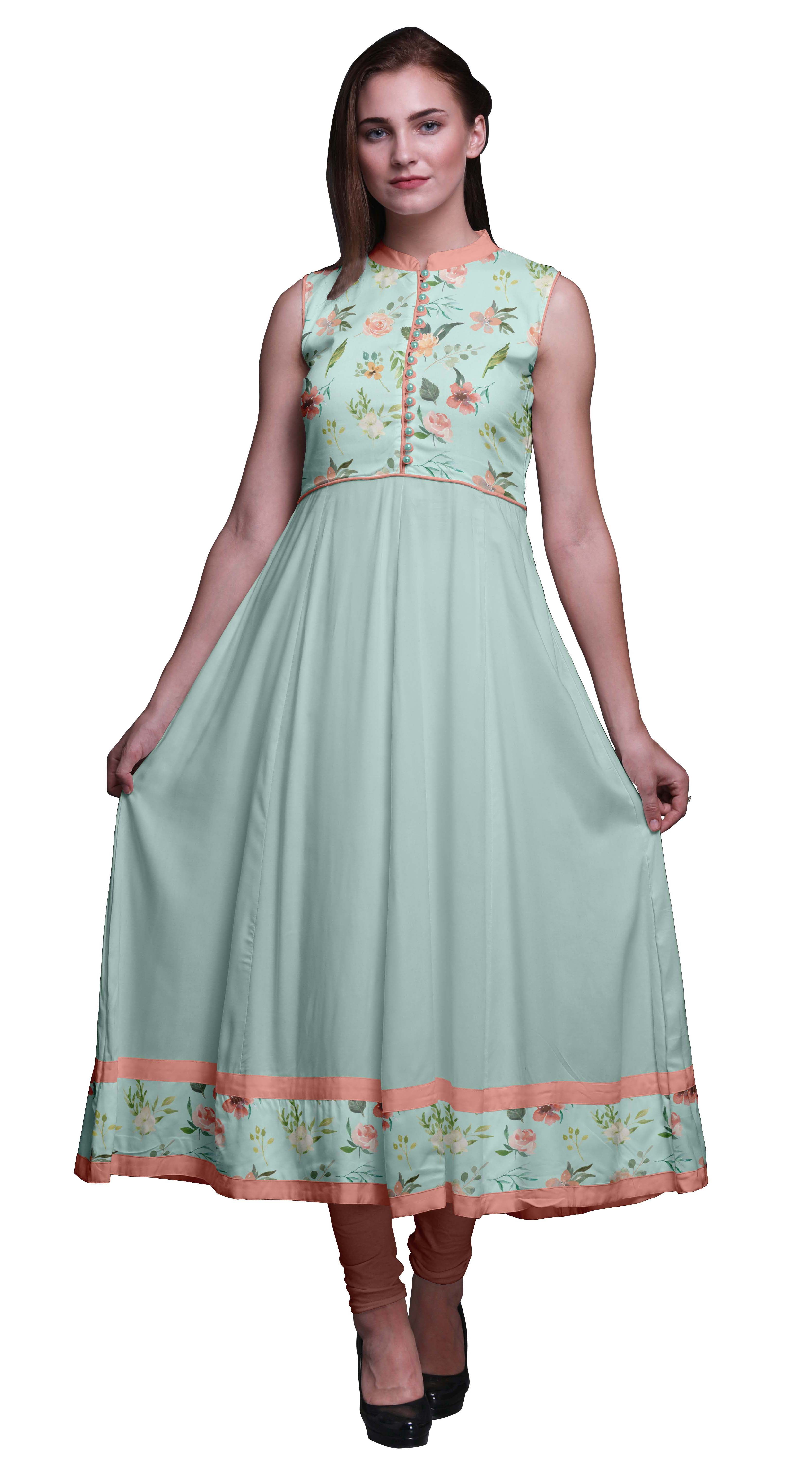 Bimba Women's Peach Flared Anarkali Kurta - Cotton, 50 Inch Length, 3/4 Sleeves, Floral Design - View #5