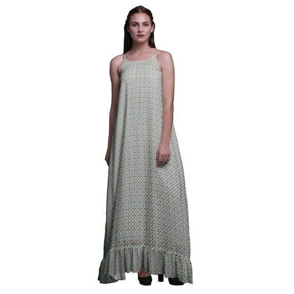 Bimba Pastel Mint14 Damask Aster & Roses Printed Nightwear For Women Long Spaghetti Strap Maxi Dress Sleepwear Gown Medium
