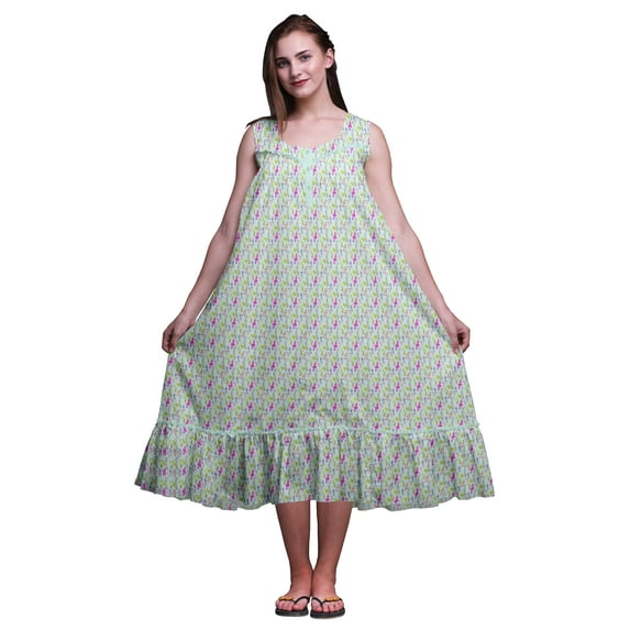 Bimba Pastel Mint2 Floral Leaves & Orchids Cotton Nightgowns For Women Mid-Calf Printed Sleepwear Night Dress X-Large