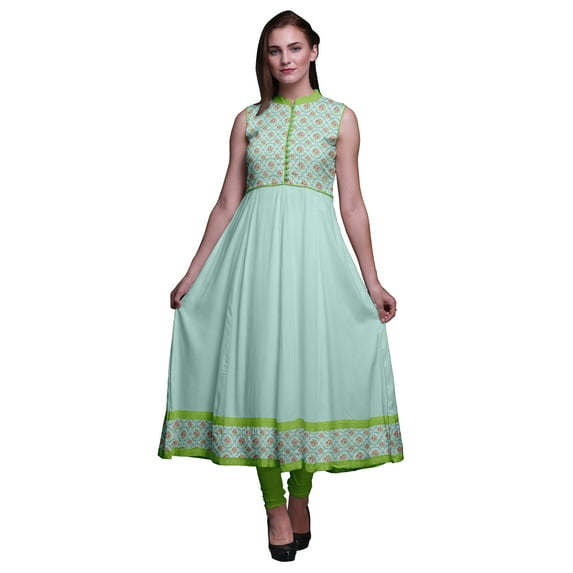 Bimba Pastel Mint2 Watercolor Indian Long Kurti For Women Party Wear Printed Sleeveless Anarkali Kurti Dress Medium