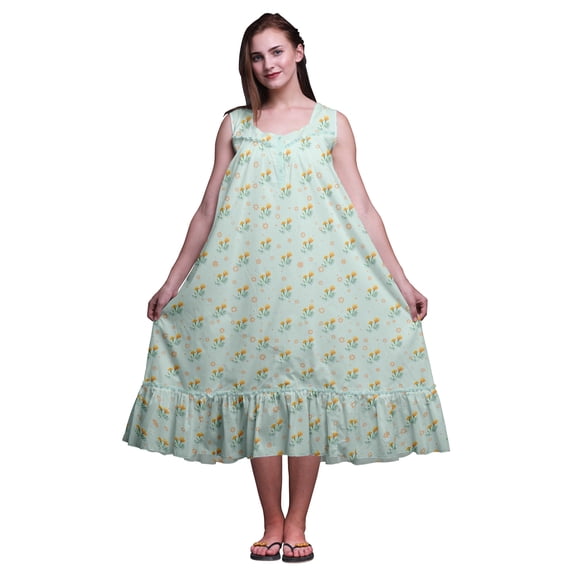 Bimba Pastel Mint4 Floral Marigold Sleeveless Cotton Nightgowns For Women Printed Mid-Calf Length Sleepwear Small