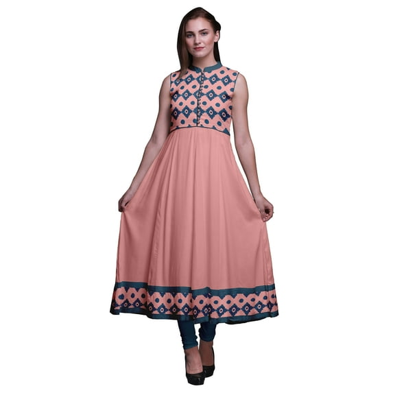 Bimba Peach Geometric Anarkali Dress For Women Indian Ethnic Printed Kurti Long Kurta Party Dress Small