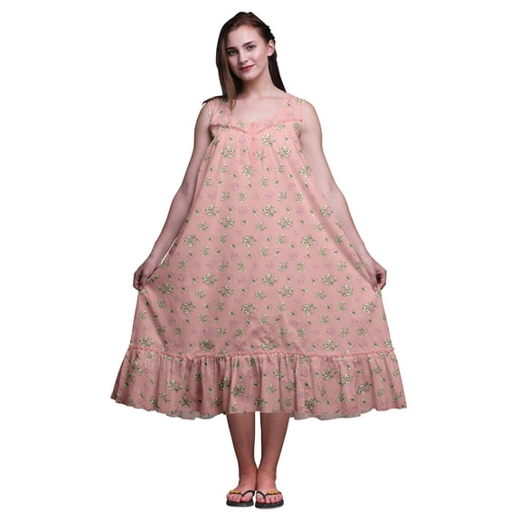 Bimba Peach3 Floral Lemur & Anemone Mid Calf Nightwear Ladies Cotton Printed Sleeveless Night Gown Maxi Dress Medium