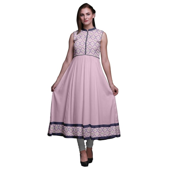 Bimba Pig Pink Damask Anarkali Dress Mandarin Collar Sleeveless Kurtis for Women Print Maxi Dress X-Large