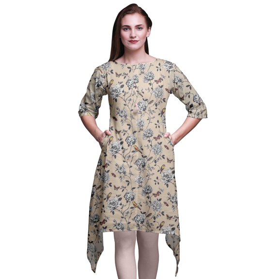 Bimba Pink Bird & Floral Printed Asymmetrical Kurti Tops For Women Indian Summer Dress Tunic XX-Large