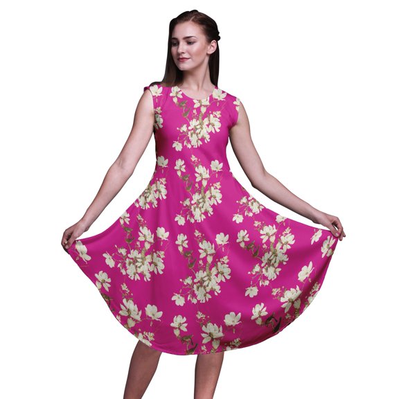 Bimba Pink Bird & Magnolia Floral Printed Knee Length Ladies Sleeveless Holiday Wear Tank Dress-Large