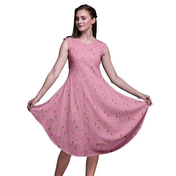 Bimba Pink Clover Leaves Floral Printed Ladies Sleeveless Round Neck Summer Dress Casual Wear-Large