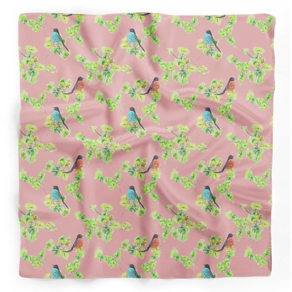 Bimba Pink Floral & American Robin Watercolor Pure Silk Printed Scarf Dupatta Head Neck Wrap Bandanas For Women 40 x 40 Inches