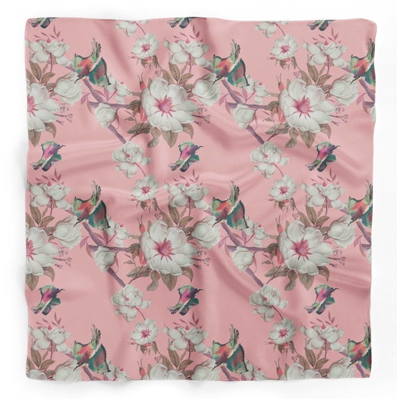 Bimba Pink Floral & Bird Printed Pure Silk Scarf For Hair Neck Head Bandanas For Women 40 x 80 Inches