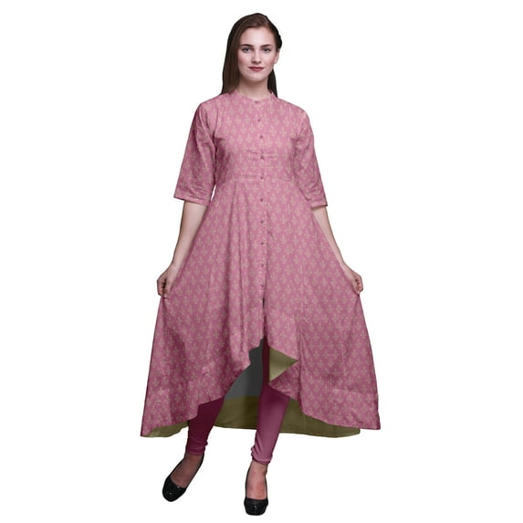 Bimba Pink Floral Block Printed Anarkali Dress For Women Mandarin Collar Indian Kurtis Asymmetrical Kurta-Large