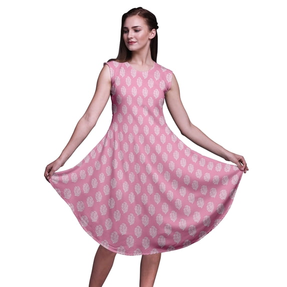 Bimba Pink Floral Block Women Casual Sleeveless Floral Print Summer Swing Midi Dress-Large
