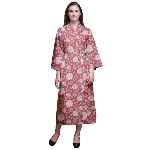 Bimba Pink Floral Leaves & Flower Long Printed Kimono Robes For Women Bridesmaid Robes Cotton Bathrobes S