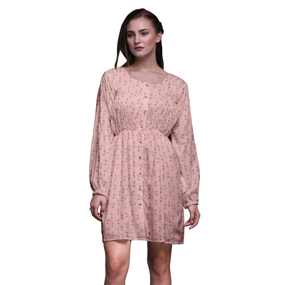 Bimba Pink Leaf Floral Women Tunic Top Long Sleeve Button Down Print Short Causal Dress-Large