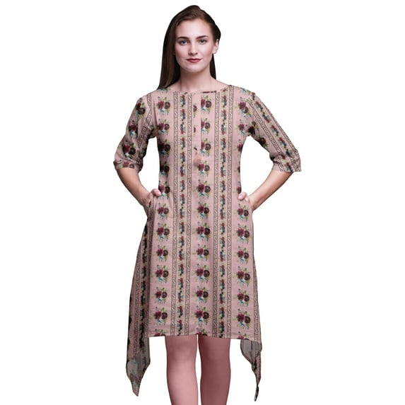 Bimba Pink Leaves & Floral Indian Tunic Tops For Girls Printed Casual Top For Women Ethnic Kurti Large