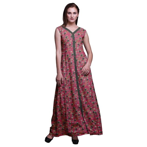 Bimba Pink Leaves Indian Kurtis For Women Solid Readymade Anarkali Dress Printed Indian Kurti X-Small