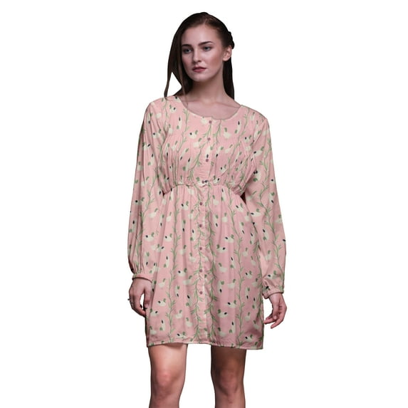 Bimba Pink Leaves & Mallard Duck Bird Floral Print Button Down Long Sleeve Midi Dress Women Clothing-Medium