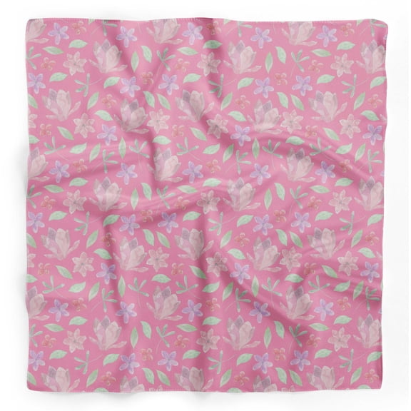 Bimba Pink Leaves & Periwinkle Floral Printed Pure Silk Scarf For Hair Neck Head Bandanas For Women 40 x 40 Inches