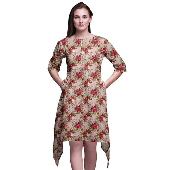 Bimba Pink Lilac & Peony Floral Women Kurtas Ethnic Printed Asymmetric Summer Wear Tops For Women X-Large