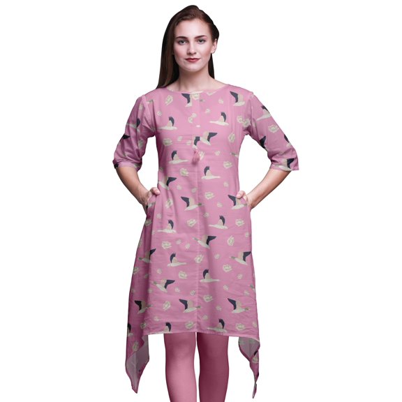 Bimba Pink Ranunculus & Stork Bird Printed Asymmetrical Kurti Tops For Women Indian Summer Dress Tunic XX-Large