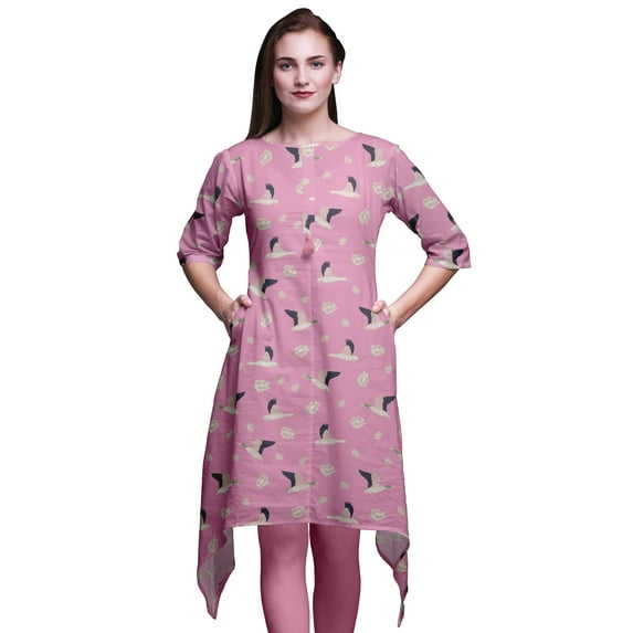 Bimba Pink Ranunculus & Stork Bird Printed Tops For Women Asymmetric Kurti Summer Dress For Girls X-Large