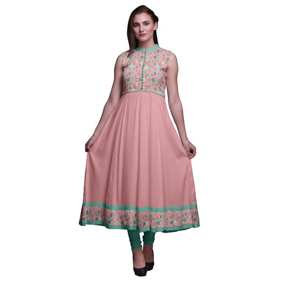 Bimba Pink Salmon Folk Art Printed Women Designer Mandarin Collar Anarkali Dress Indian Ethnic Kurta Large