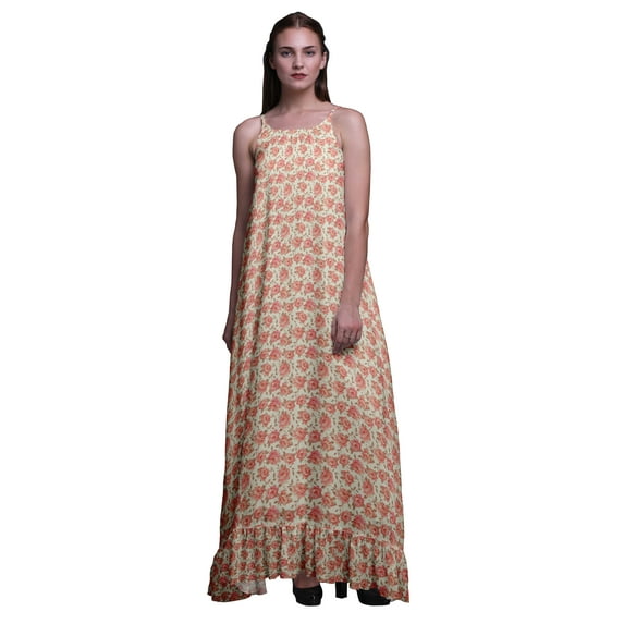 Bimba Pink Salmon2 Floral Leaves & Begonia Printed Long Maxi Dress For Women Rayon Nightgown Spaghetti Strap Ladies Sleepwear Large