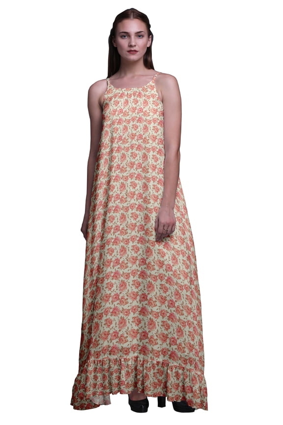 Pink Salmon2 Floral Leaves & Begonia Printed Long Maxi Dress For Women Rayon Nightgown Spaghetti Strap Ladies Sleepwear Large