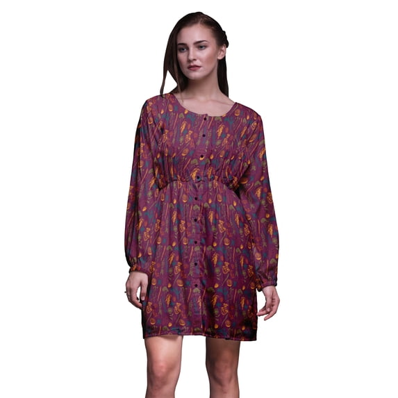 Bimba Pink Strawberry & Daisy Floral Button Down Midi Dress Women Tunic Long Sleeve Smocked Top-X-small