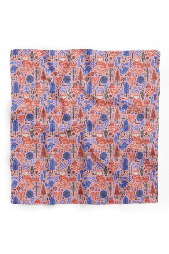 Pink Tree & Fox Folk Art Printed Pure Silk Scarf For Hair Neck Head Bandanas For Women 40 x 40 Inches