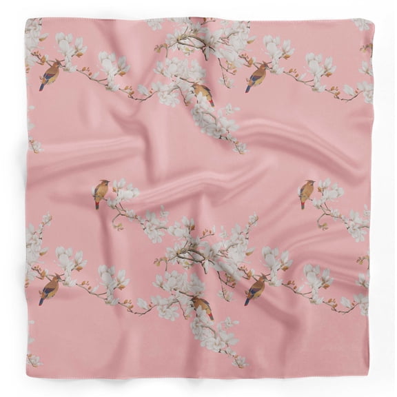 Bimba Pink White Floral & Bulbul Bird Pure Silk Printed Head Bandanas Summer Neck Wrap Scarf 40 x 40 Inches