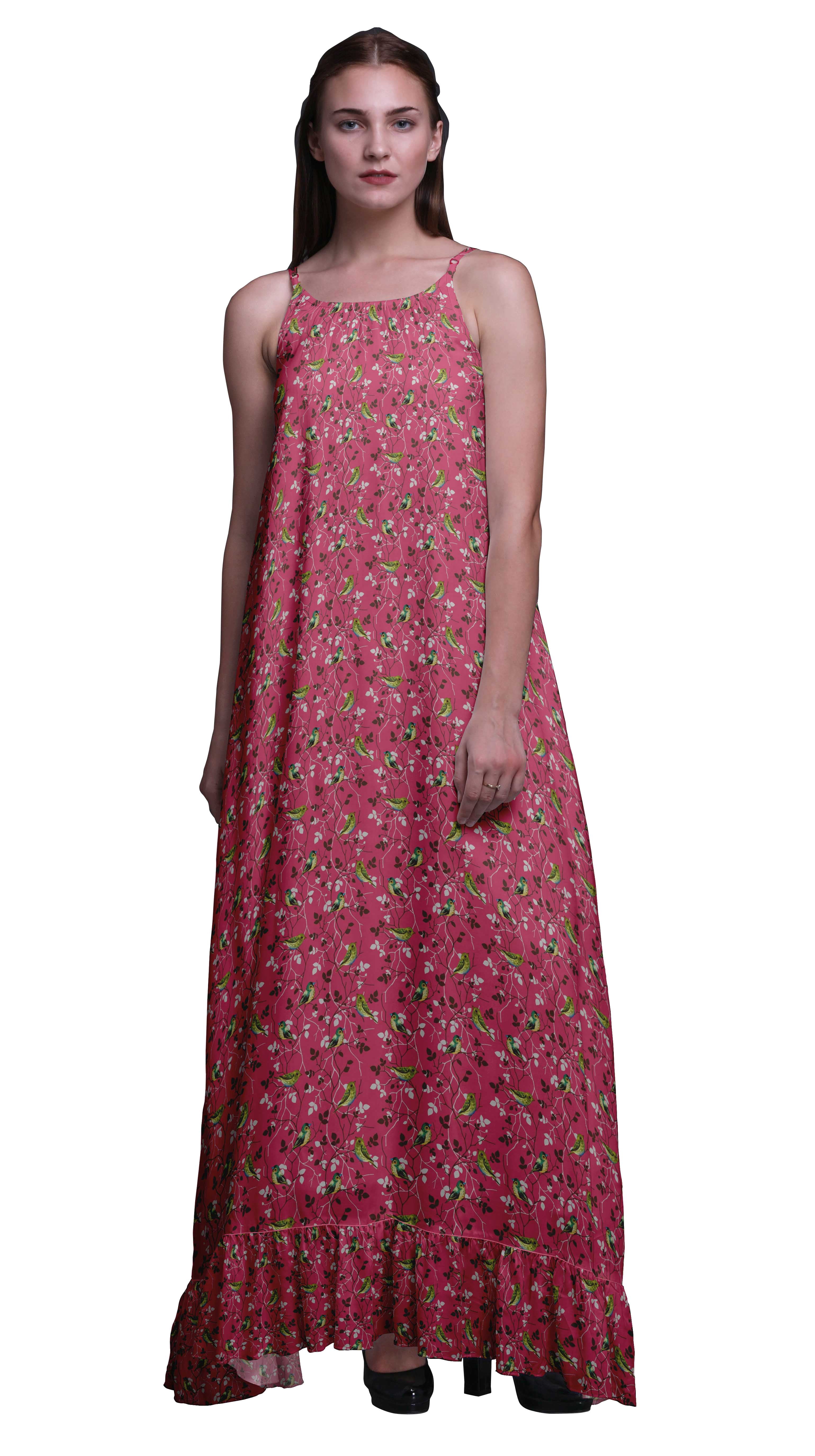 むーむー Bimba Pastel Mint11 Watercolor Parrots Printed Long Maxi Dress For