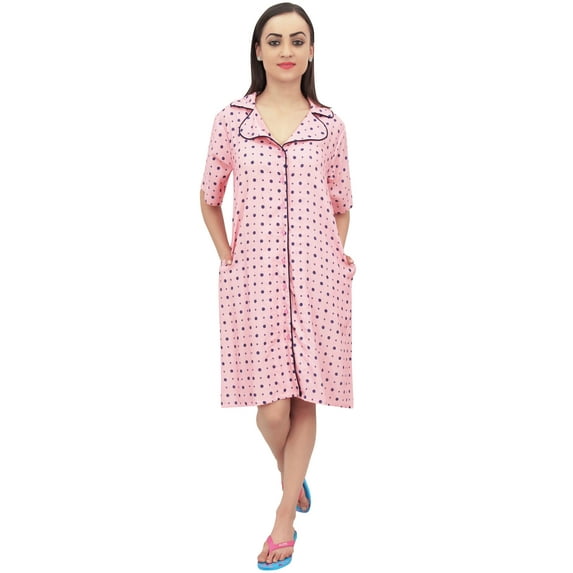 Bimba Polka Dot Print Peach Women's Short Sleepshirt Night Dress With Pockets - 4