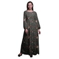 thumbnail image 1 of Bimba Polyester Georgette Dry Leaves & American Goldfinch Bird Printed Womenâ€™s Long Sleeve Elastic Waist MaxiÂ&nbsp;DressÂ&nbsp;Gown-X-Large Grey, 1 of 1