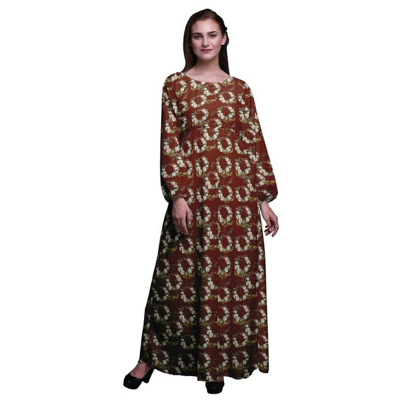 Bimba Polyester Georgette Geometric & Rose Wreath Floral Printed Women’s Long Sleeve Elastic Waist Maxi Dress Gown-Large