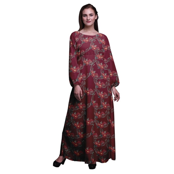 Bimba Polyester Georgette Leaves & Peony Floral Printed Women’s Long Sleeve Elastic Waist Maxi Dress Gown-XSmall Burgundy