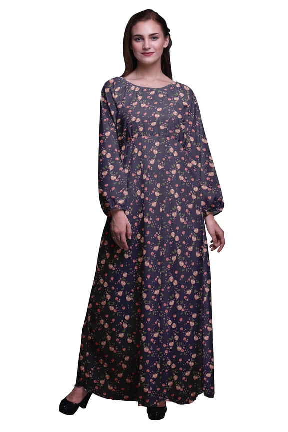 Polyester Georgette Leaves & Tulip Floral Print Women’s Long Elastic Waist Casual Summer Maxi Dress-XXX-Large