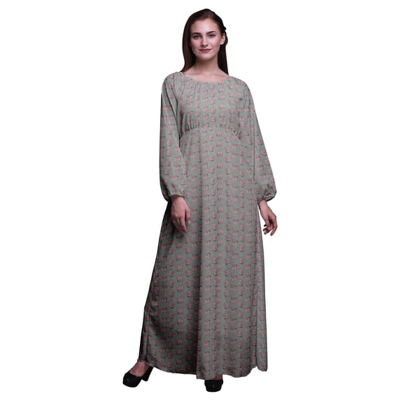 Bimba Polyester Georgette Peach Rose Watercolor Print Women’s Long Elastic Waist Casual Summer Maxi Dress-Small