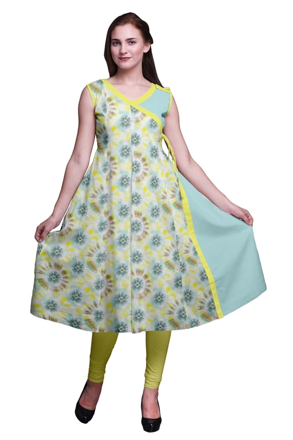 Printed Angrakha Style Kurtis For Women Indian Summer Dress Tunic Ethnic Top