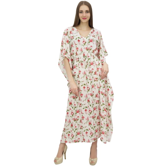 Bimba Printed Caftan Long Maxi Boho Kaftan Cover up White Drawstring Waist-6