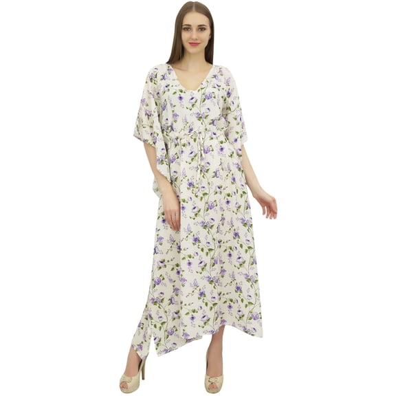 Bimba Printed Caftan Long White Maxi Boho Kaftan Cover Up Drawstring Waist-26