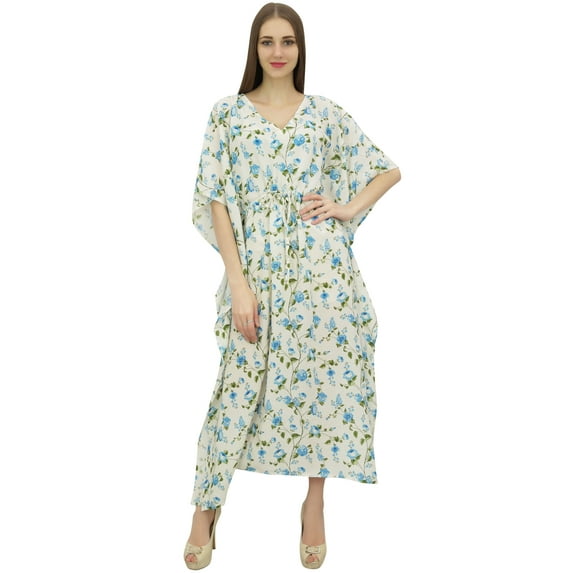 Bimba Printed Caftan Long White Maxi Boho Kaftan Cover up Drawstring Waist-4