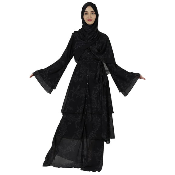Bimba Printed Islamic Muslim Abaya Dress For Women Front Button Placket Layered Dresses