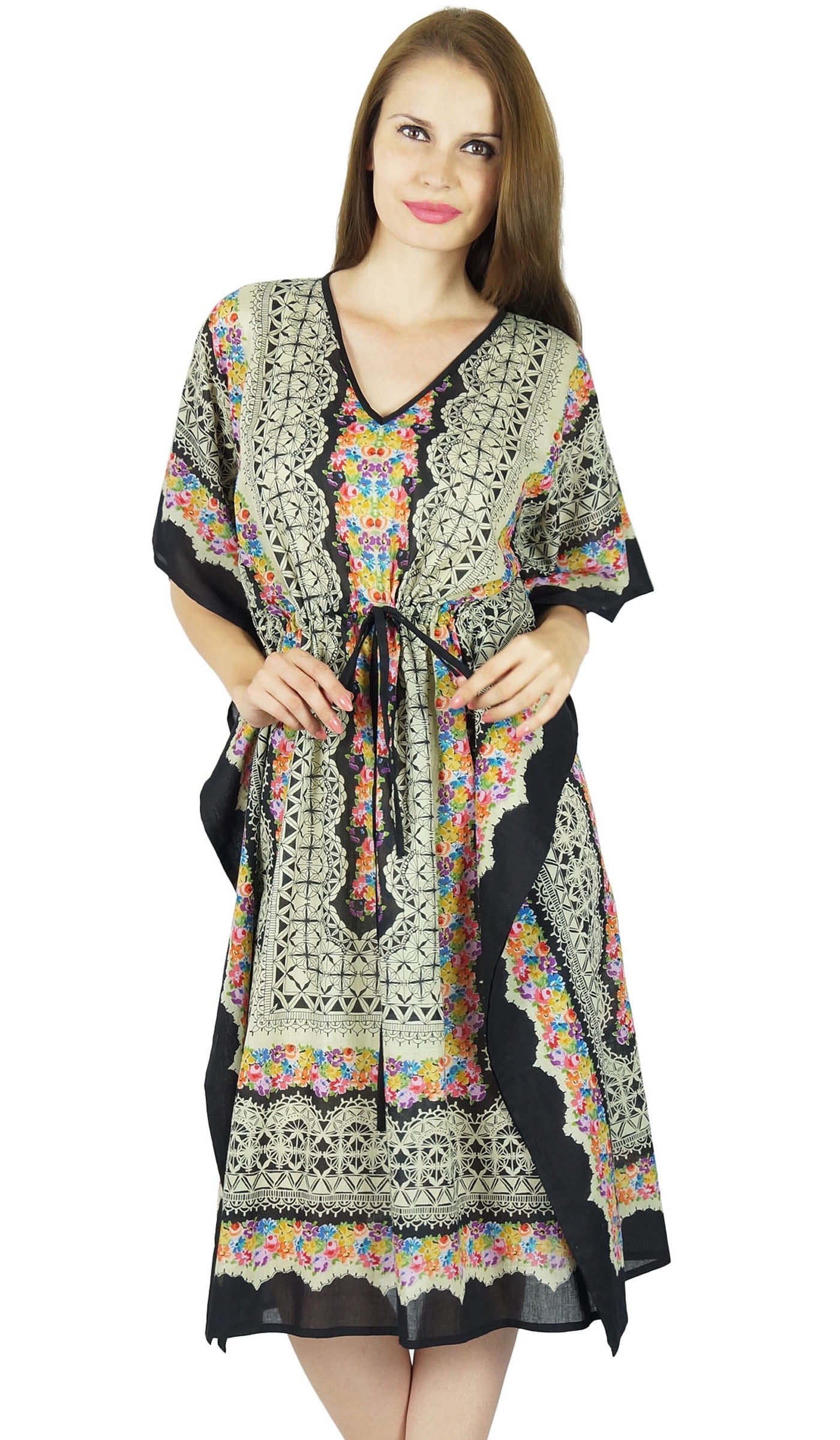 Bimba Women's Short Rayon Kaftan Kimono - Frill Sleeve Cover Up Dress In Off White - View #7