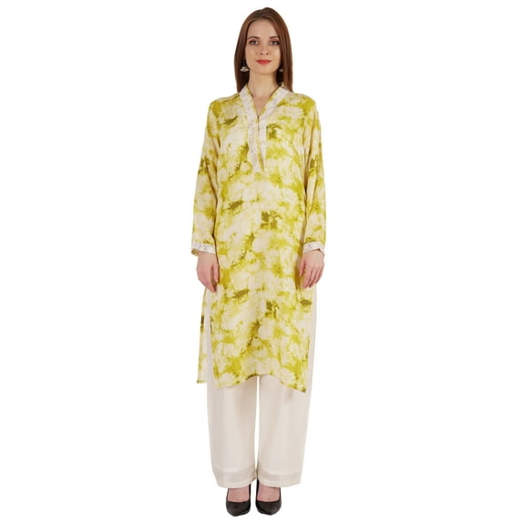 Bimba Printed Straight Kurti For Women Casual Summer Wear V-Neck W/ Lace Tunic Designer Kurta
