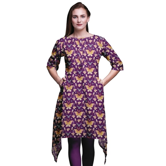 Bimba Purple Artistic & Floral Printed Tops for Women Asymmetric Kurti Summer Dress for Girls Medium